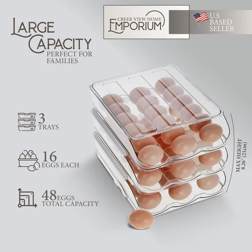 Vista 3 de Creekview Home Emporium Recipiente para huevos para refrigerador, cajón de plástico transparente apilable de 3 niveles, 4 docenas de capacidad