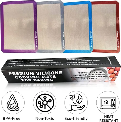 Vista 4 de Tapete de silicona para hornear (4 unidades, mediano), sin BPA, antiadherente, profesional, reutilizable, resistente al calor, media hoja