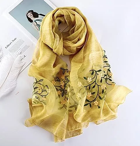 Vista 6 de Bufanda bordada floral mixta de seda y lana para mujer