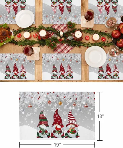 Vista 6 de Juego de 1 mantel individual gris de Navidad, manteles individuales de enanos de invierno y cardenales antideslizantes, manteles individuales