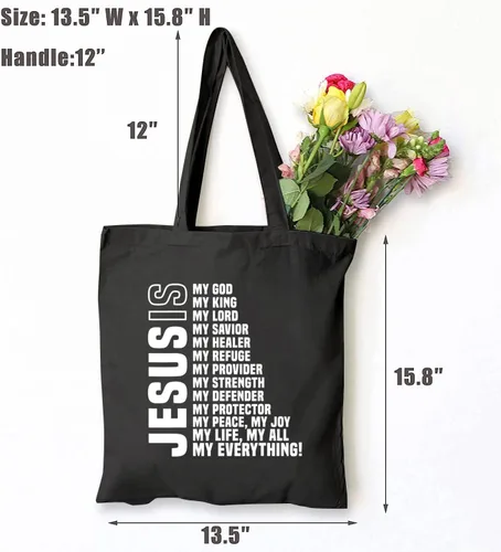 Vista 3 de Bolsa de lona cristiana con texto en inglés «Jesus is My Everything» para mujer, divertida bolsa de compras reutilizable con versículo bíblico