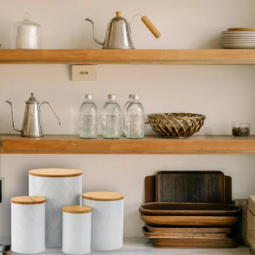 Vista 8 de Juego de recipientes de cocina blancos con tapas de bambú, azúcar hermético, harina, café, juegos de recipientes para almacenamiento de galletas