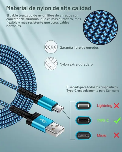 Vista 3 de Paquete de 3 cables de carga USB C de 3/6/10 pies de carga rápida