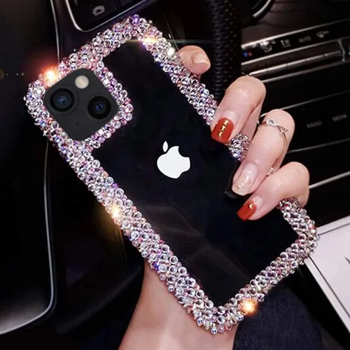 Vista 4 de Funda compatible con iPhone 15 para mujeres y niñas, funda 3D con purpurina brillante y destellos, funda de lujo con encantos de cristal