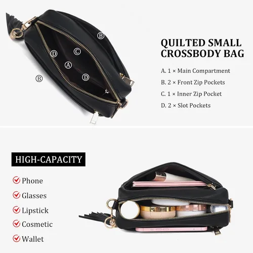 Vista 5 de Bolsos cruzados para mujer, bolso cruzado pequeño de cuero vegano, bolso de hombro para mujer con 2 correas anchas y borlas