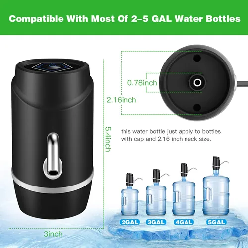 Vista 4 de Dispensador de agua de 5 galones, bomba eléctrica portátil de agua potable, carga universal mediante USB, para garrafones de 2 a 5 galones, incluye