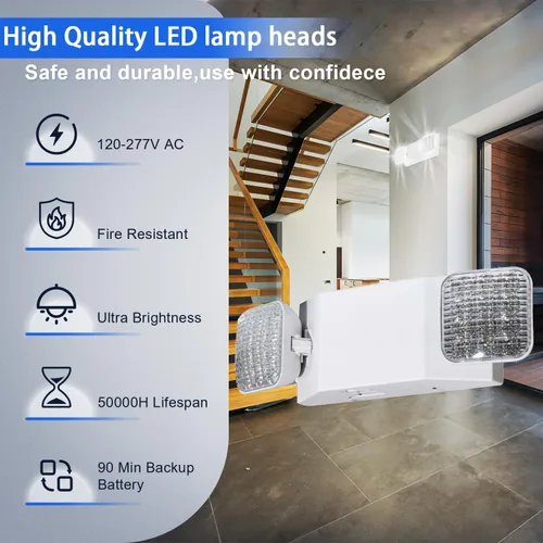 Vista 2 de Luces de emergencia LED con batería de respaldo, dos luces LED de emergencia comerciales ajustables, CA 120/277V, certificado UL 924, accesorio