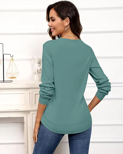 Vista 4 de Riyiper Paquete de 2 sudaderas de cuello redondo para mujer, camisas casuales de manga larga, ajuste holgado, suaves, camisetas básicas lisas