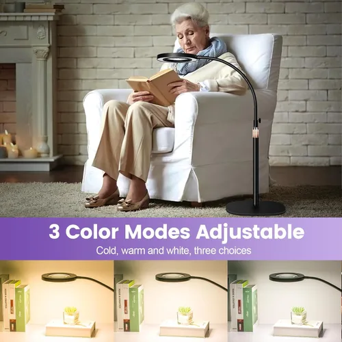 Vista 6 de Lámpara de lupa de 12 aumentos con luz y soporte, lámpara de pie LED de aumento de NUEYiO con atenuación sin escalones de 3 colores, lámpara de lupa