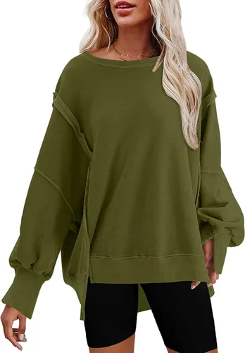 Vista 19 de SHEWIN Sudadera casual de gran tamaño de manga larga con costuras inversas y cuello redondo para mujer Un negro