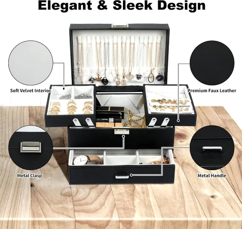Vista 7 de Dajasan Cajas de joyería para mujeres y niñas, caja organizadora de joyas, 3 capas, organizador de almacenamiento de joyas para aretes, anillos