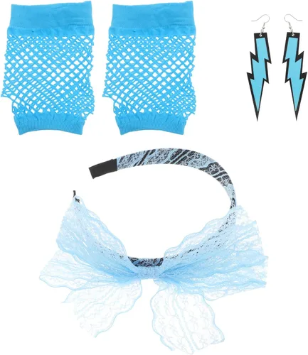 Vista 6 de LOGOFUN 80s Retro Party Accessories Lace Headband Neon Earrings Fishnet Gloves for Halloween Costume