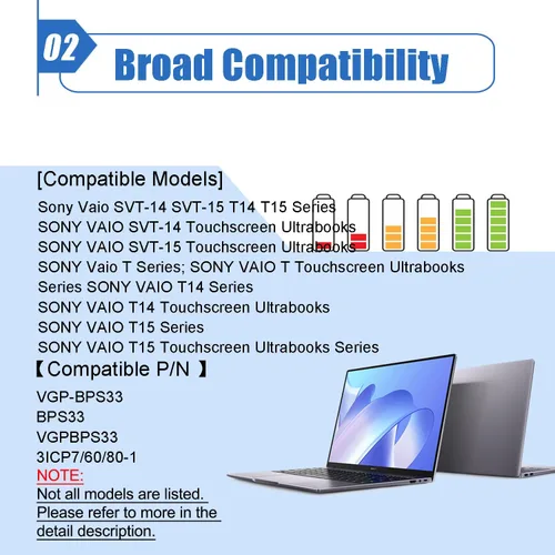 Vista 3 de Dentsing VGP-BPS33 - Batería para portátil compatible con Sony Vaio Svt-14 Svt-15 T14 T15 pantalla táctil Ultrabooks VAIO SVT14126CXS SVT14127CGS