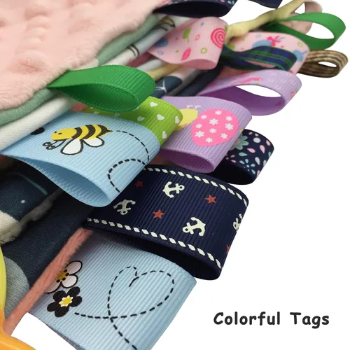 Vista 5 de Loveys Minky Dot - Manta de seguridad con características sensoriales Taggy, manta de felpa suave y relajante para bebés de 3 a 12 meses, 10 x 10