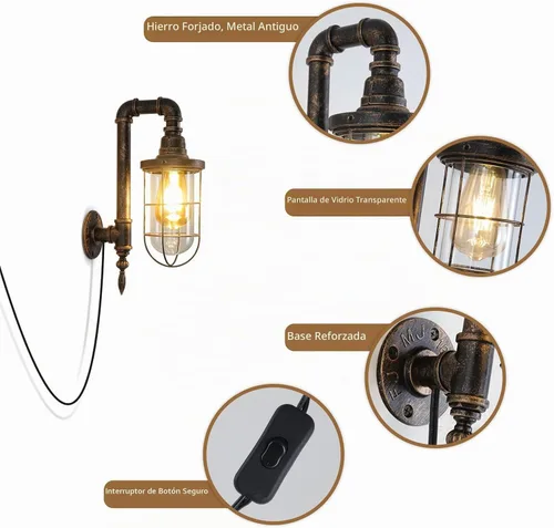 Vista 3 de Lámpara de pared industrial enchufable de 14.2 pulgadas con enchufe UL con interruptor de encendido y apagado, iluminación rústica de bronce para 1