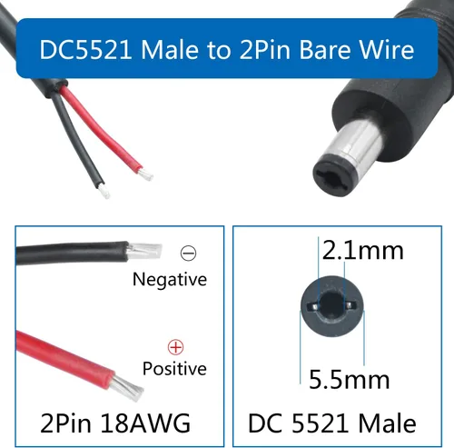 Vista 5 de Cable de alimentación de 12 V CC, 1.6 ft/1.65 pies de CC de 0.217 in x 0.083 in, enchufe macho a cable desnudo, cable de alimentación de extremo