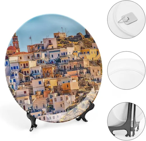 Vista 4 de Plato colgante decorativo de paisaje de pueblo de Grecia, decoración del hogar, decoración del hogar, recuerdo, arte de pared, plato de cena