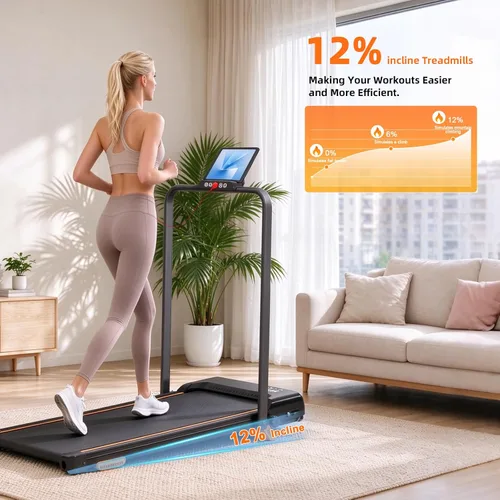 Vista 4 de MEE GOO Walking Pad Treadmill with 12% Incline and Handle Bar, 2 in 1 Under Desk Treadmill for Home Office, 0.6-7.5 MPH, 330 LBS Capacity, Remote
