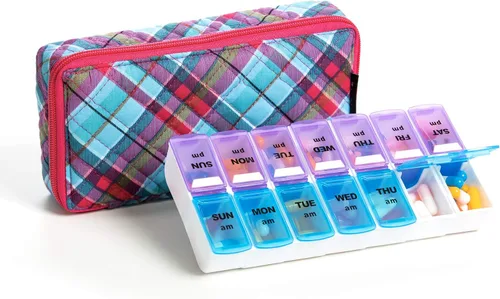 Vista 22 de Organizador Semanal de Pastillas 2 Veces al Día, Pastillero Zumd de 7 Días con Bonita Funda de Tela Acolchada con Cremallera, Estuche de Pastillas