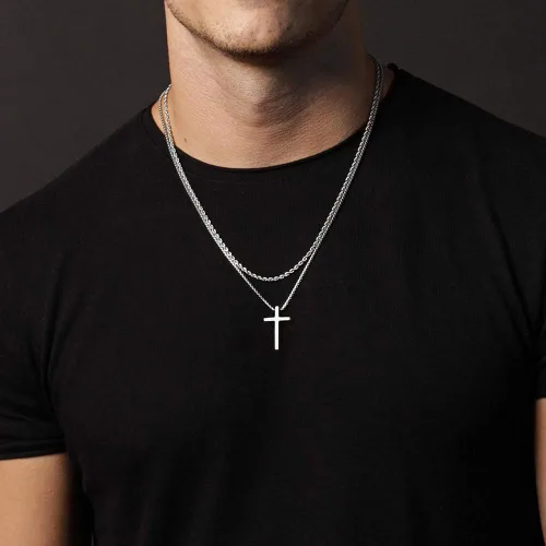 Vista 2 de Ursteel - Collar con dije de cruz de acero inoxidable para hombre, cadena de eslabones cuadrados de 16 a 30 pulgadas, color plateado, negro, dorado