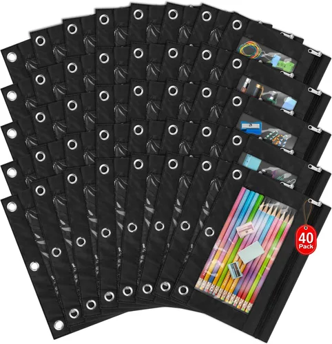 Vista 6 de IKAYAS Paquete de 5 bolsas negras para lápices de 3 anillos con cremallera a granel, 3 bolsas de lápices para carpetas de anillos, estuche