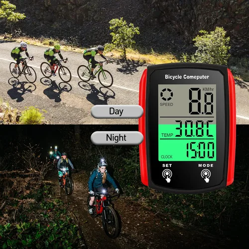 Vista 7 de Computadora de bicicleta, computadora de bicicleta con cable, 19 funciones, velocímetro, impermeable, con retroiluminación Rojo