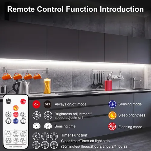 Vista 4 de LAFULIT - Kit de iluminación LED para debajo de armario, 10 tiras de luces LED con sensor de movimiento y control remoto, regulables