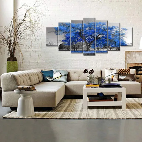 Vista 2 de KREATIVE ARTS Lienzo extra grande para paredes del hogar, 7 piezas, arte de pared, árbol azul, paisaje, blanco y negro, enmarcado y estirado