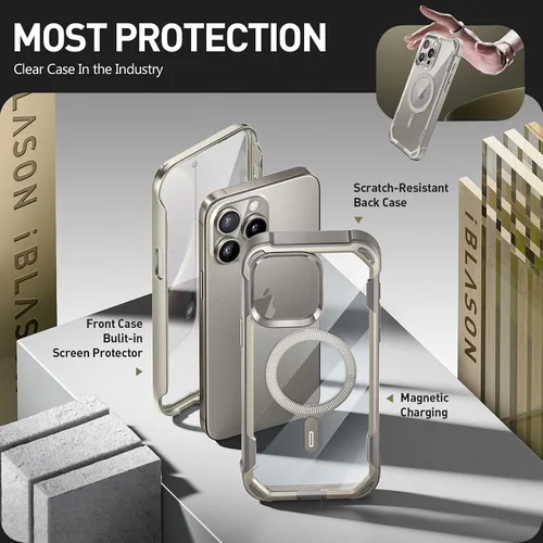 Vista 3 de i-Blason Funda para iPhone 15 Pro, compatible con MagSafe, protector de pantalla integrado, protección contra caídas de cuerpo completo, funda Gris
