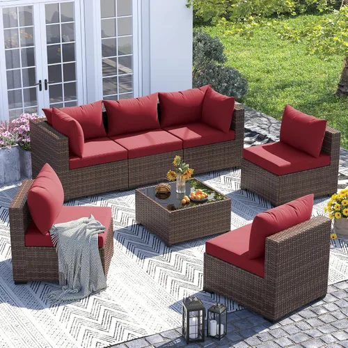 Vista 16 de UDPATIO Muebles de exterior 7 piezas de mimbre para patio, cojín Beige