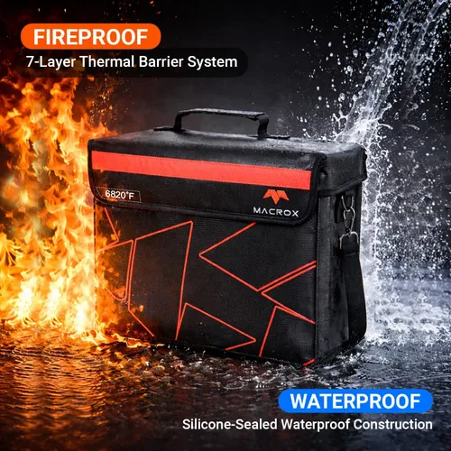 Vista 2 de Bolsa de documentos ignífuga e impermeable con cerradura, aislamiento de 6200℉, diseño patentado de solapa cerrada, caja de almacenamiento