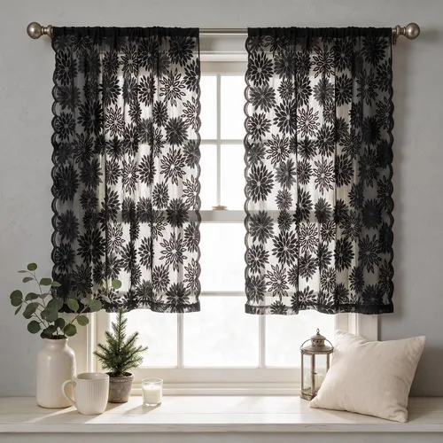 Vista 31 de Horaldaily 2 cenefas transparentes de encaje negro de 55 x 14 pulgadas