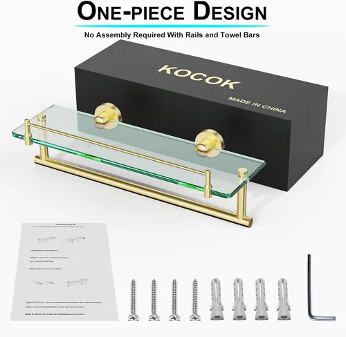 Vista 4 de Toallero con estante de 16 pulgadas, estante de baño con barra de toalla de vidrio templado, dorado cepillado moderno, acero inoxidable a prueba