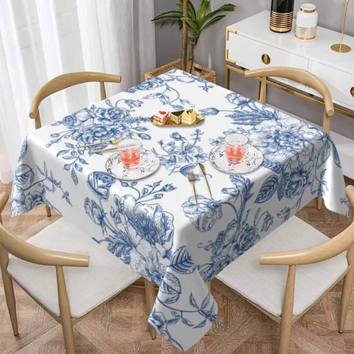 Vista 2 de BETGINY - Mantel cuadrado floral azul de 54 x 54 pulgadas, mantel decorativo de estilo chinoiserie con flores, tela rústica lavable para granja