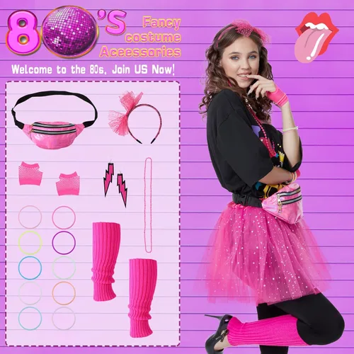 Vista 2 de Accesorios de disfraz de los años 80 para mujer, camiseta de los años 80, riñonera de los años 80, falda tutú para Halloween, cosplay, fiesta