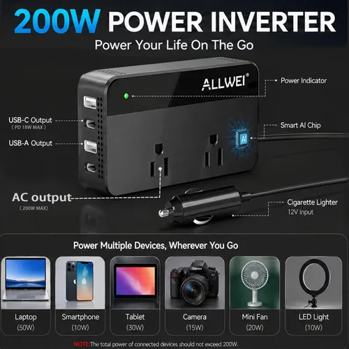 Vista 2 de ALLWEI Inversor de corriente para automóvil de 200 W, 12 V CC a 110 V CA inversor de automóvil con 4 puertos USB de carga rápida (2 USB A, 2 USB C)