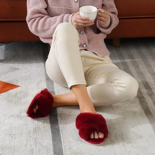 Vista 6 de Parlovable Women's Cross Band Slippers Fuzzy Soft House Slippers Plush Furry Warm Cozy Open Toe Fluffy Home Shoes Comfy Indoor Outdoor Slip On