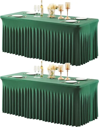 Vista 10 de Paquete de 2 manteles color azul bebé para mesa rectangular de 4 pies, manteles de elastano elásticos de 4 pies, falda blanca rectangular para baby