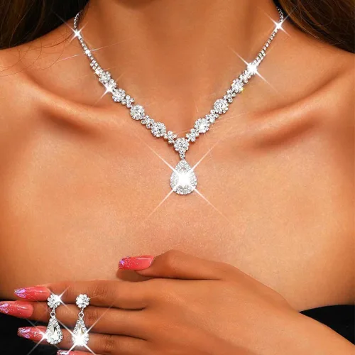 Vista 3 de Unicra Juego de joyas de boda para novia, collar de diamantes de imitación de plata, aretes y pulseras, joyería formal para mujeres y novias