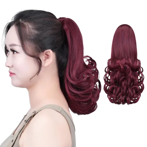 Vista 31 de SYXLCYGG Auburn Clip Cola de caballo Clip Cola de caballo Extensión de cola de caballo ondulado 10 pulgadas 3.5 oz pelo sintético falso pieza
