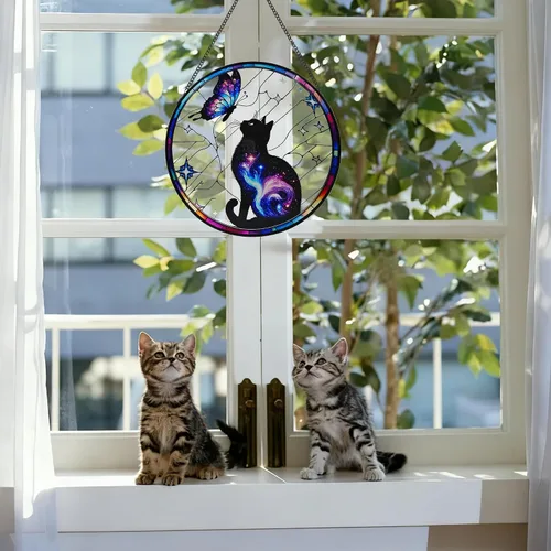 Vista 8 de Colgante de Vidrio Emplomado de Gato Negro para Ventana, 9.8'' Gato Negro y Mariposa con Diseño de Nebulosa Atrapasol Decoración del Hogar