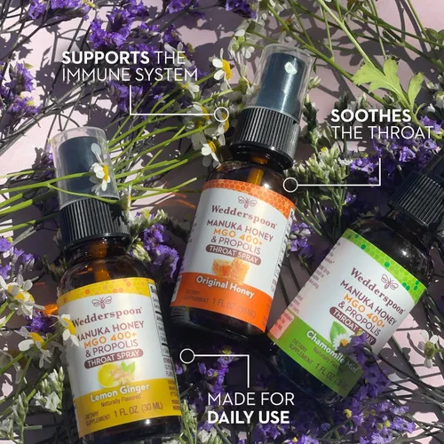 Vista 5 de Wedderspoon Spray de garganta con propóleo y miel de manuka, manzanilla y menta, 1 onza líquida (paquete de 1), alivio del dolor de garganta, apoyo