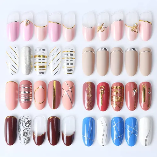 Vista 6 de 8 hojas de calcomanías de uñas de línea dorada, calcomanías autoadhesivas 3D, calcomanías de arte de uñas francesas para uñas acrílicas, suministros