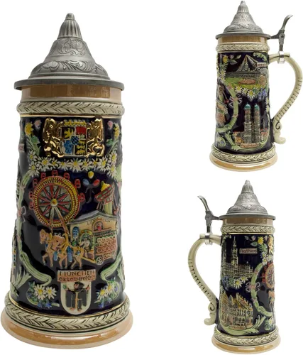 Vista 2 de Essence of Europe Gifts OktoberfestHaus - Taza grande de cerveza con tapa de metal, pintada a mano, grabada a mano, con tapa de metal, 1 litro