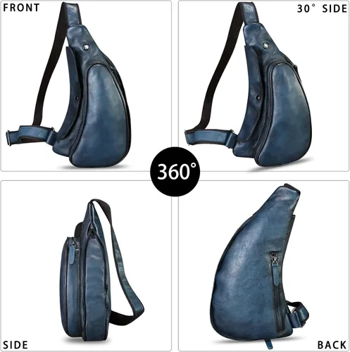 Vista 5 de Bolso de cuero genuino para mujeres y hombres, mochila de cuero retro para el pecho, bolso cruzado
