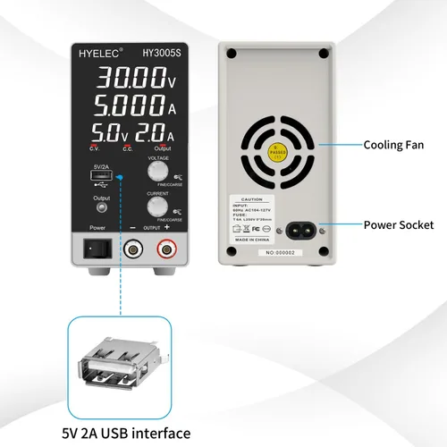 Vista 4 de Fuente de alimentación CC variable 30V 5A, Hyelec Fuente de alimentación regulada de conmutación ajustable con pantalla LED de 4 dígitos, ajustes