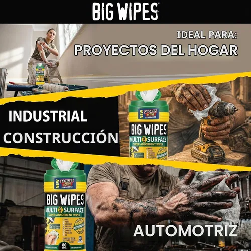 Vista 8 de BIG WIPES Recipiente multisuperficie resistente, paños de limpieza súper absorbentes para manos, superficies y herramientas, recipiente de 80