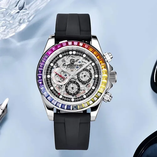 Vista 4 de Pagani Design Relojes mecánicos automáticos de lujo para hombre, esfera de esqueleto, acero inoxidable, bisel de arco iris, correa de goma, 328.1