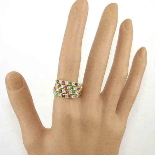Vista 3 de Anillo de compromiso con acabado de oro amarillo de 14 quilates con diamantes de esmeralda, zafiro y rubí de 3.00