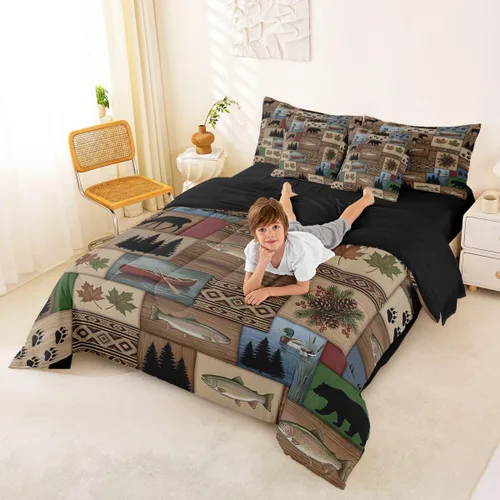 Vista 98 de Feelyou Juego de edredón de ciervo con sábanas – Tamaño Queen 7 piezas Juego de ropa de cama infantil de caza rústica – Cama de ciervo de cabaña